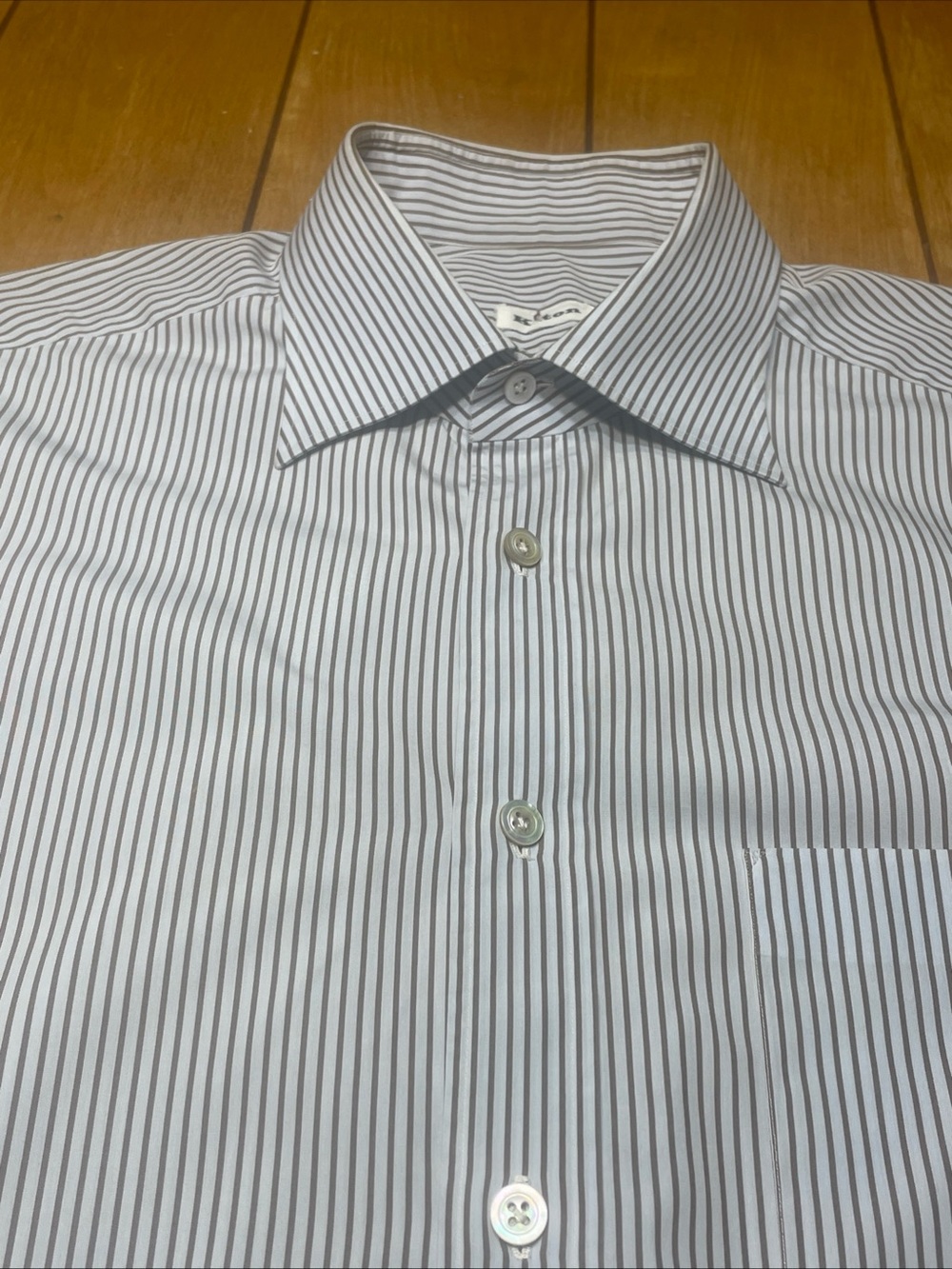 Kiton Napoli Striped Button Up Dress Shirt 17-43 Light Blue/Brown Stripes Italy